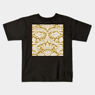 White on Mustard Gold Medieval Damask Scrolls Kids T-Shirt